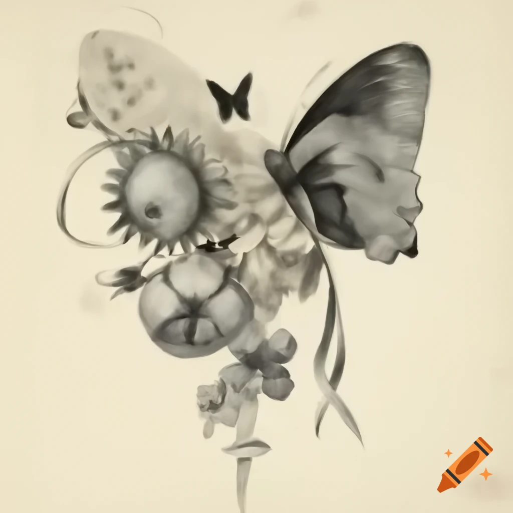 Surreal monochrome mezzotint with butterfly, ribbon, and flowers in renaissance style