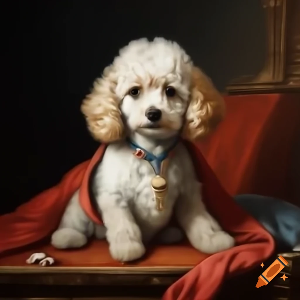 Small white poodle in regal robe sitting on a throne, oil painting