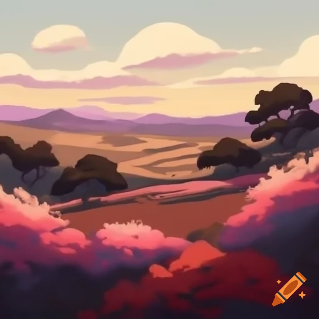 Landscape with low hills, warm tones, and flowering bush