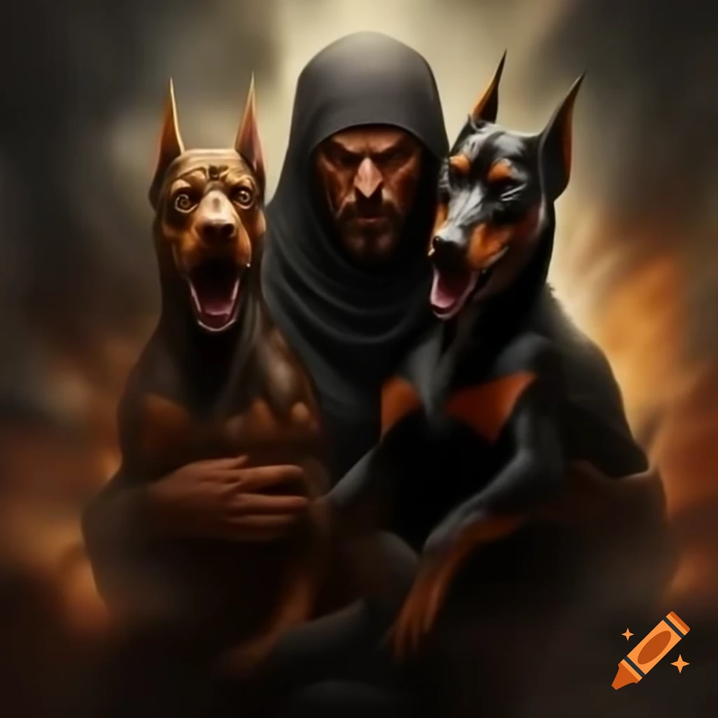 Muslim man restraining aggressive doberman dog