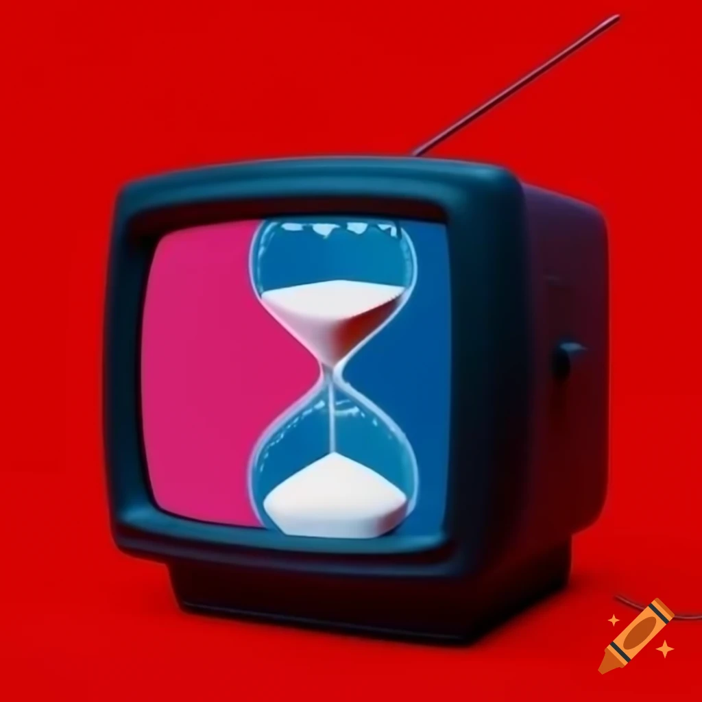 Black CRT TV displaying hourglass against red background