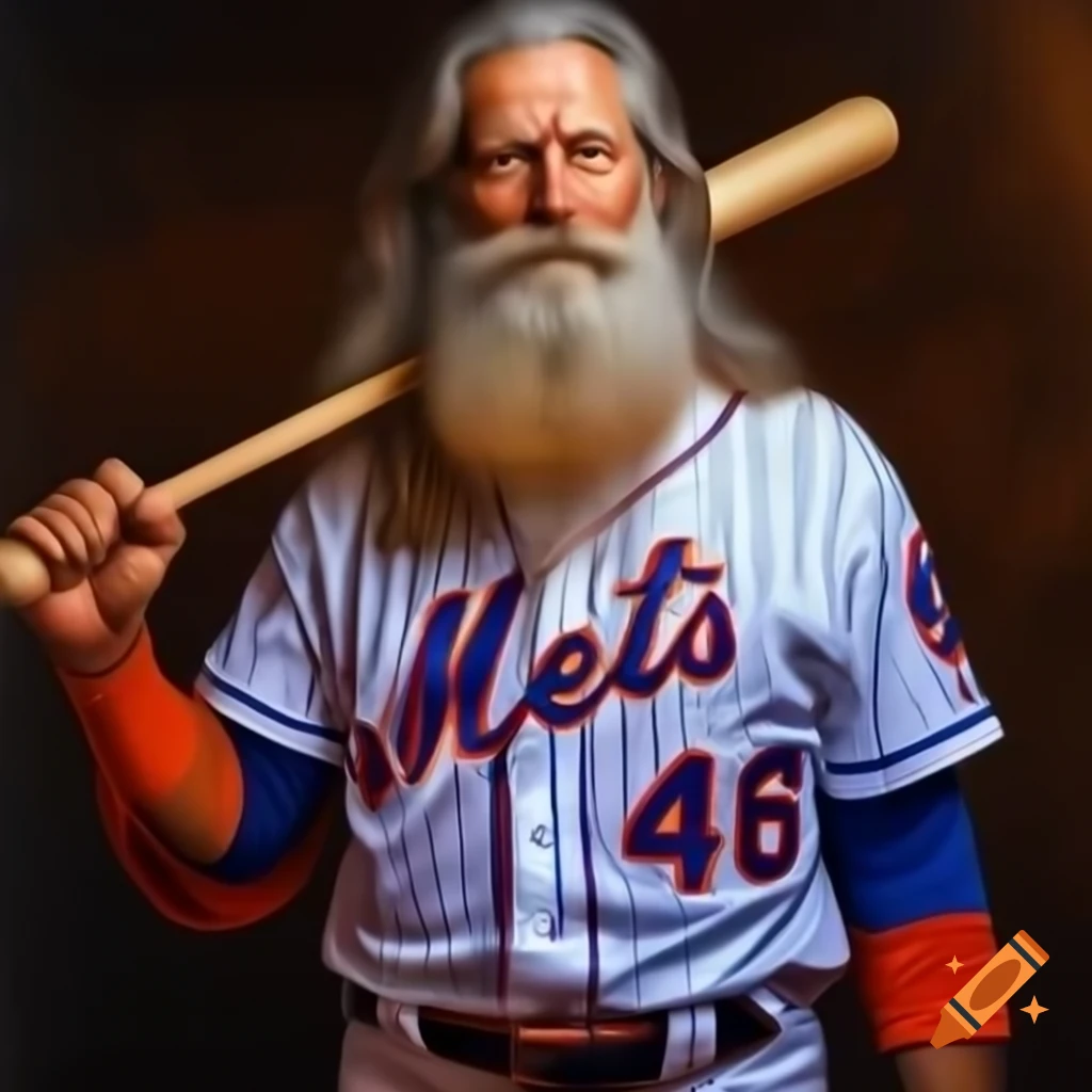 Fashionable old man with long hair and beard in New York Mets jersey holding baseball bat, oil painting