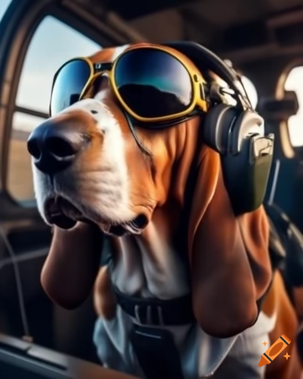 Realistic Basset hound in ballistic goggles and vest inside Blackhawk helicopter