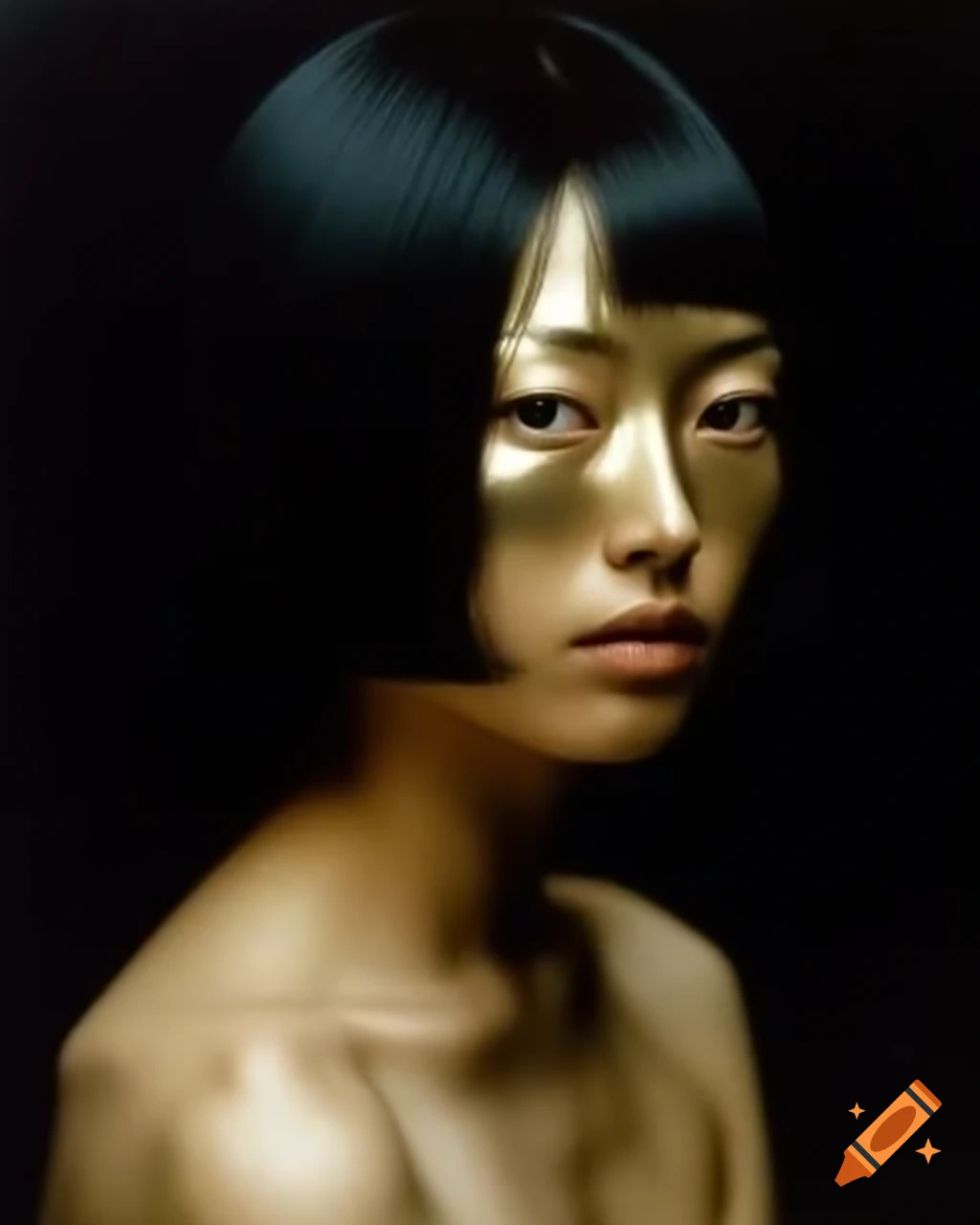 Award-winning vintage portrait of Japanese female art student with layered bob hairstyle