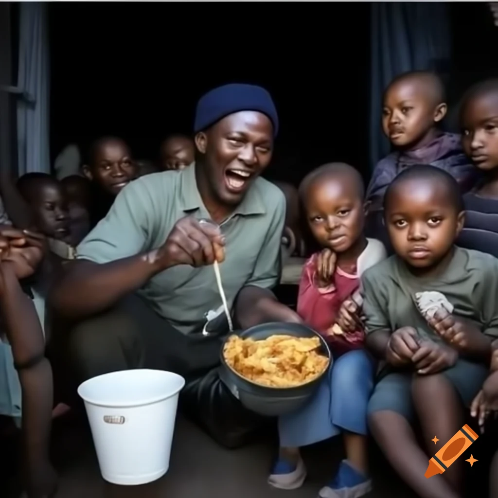 Contrasting scene of man eating in front of children