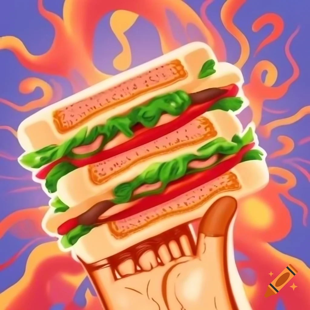 Meat and vegetable sandwich in a sci-fi themed fast-food setting, digital art
