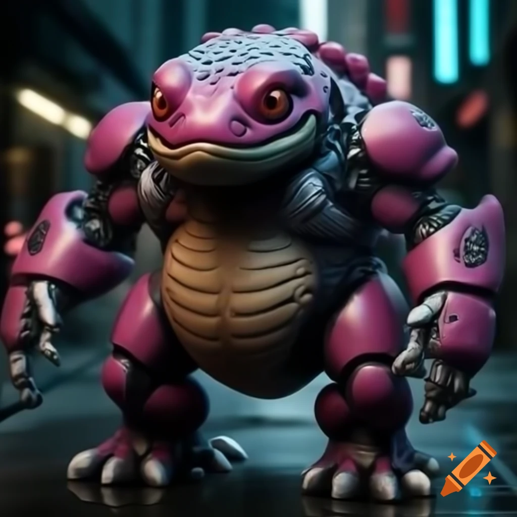 Chubby anthropomorphic salamander cyborg with laser pistol in cyberpunk city