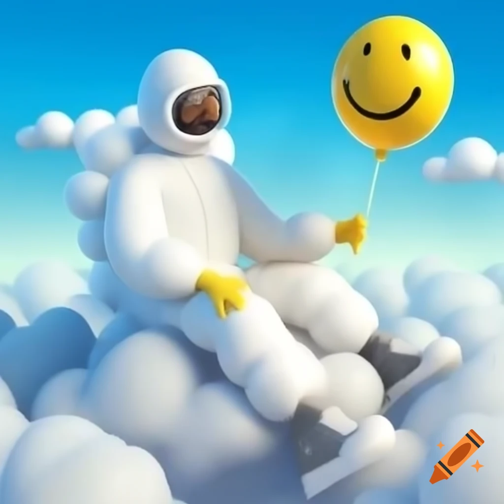 Rapper in clouds wearing hazmat suit, holding yellow balloon and smiling