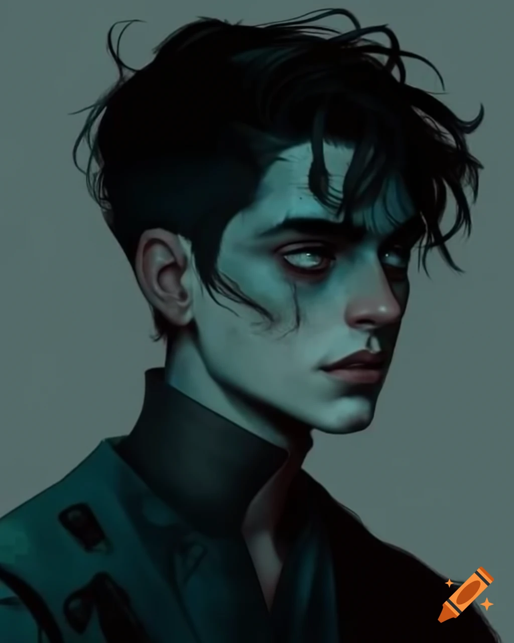Young man named Alex with stress signs, pale skin and large gray eyes, in sharp detailed style