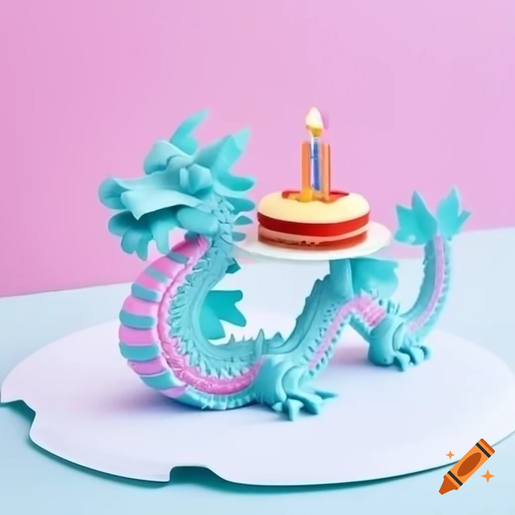 Pastel paper cut representation of Asian dragon with birthday cake