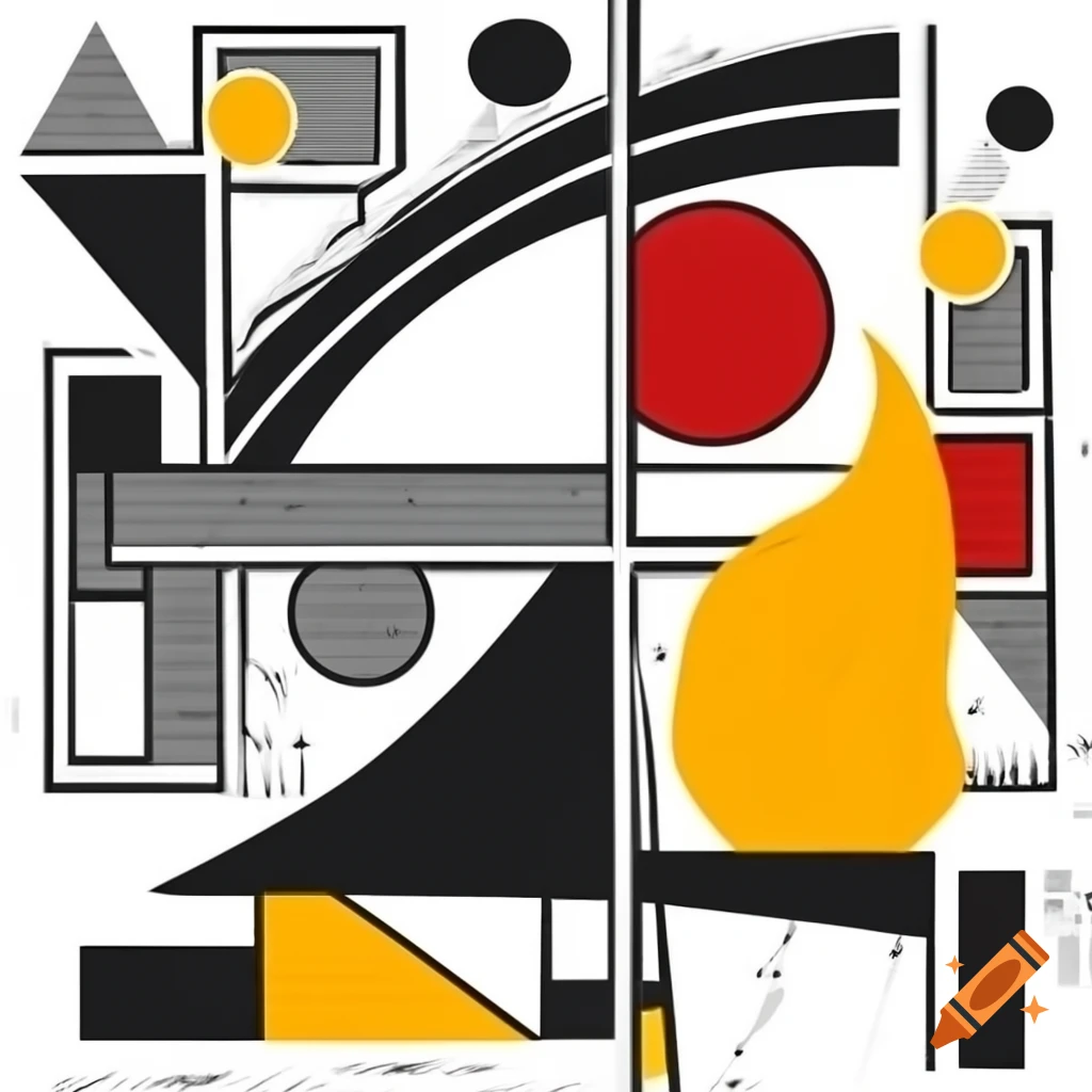 Abstract cubist art featuring geometric forms representing a giant glacier and a flame