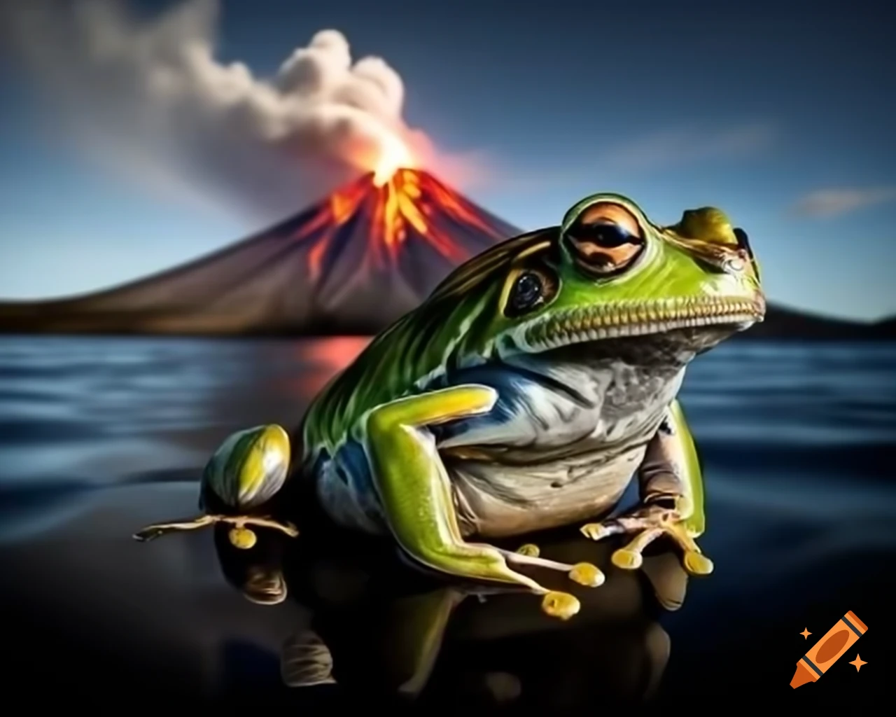 Frog on boat with erupting volcano background, hyper realistic close-up