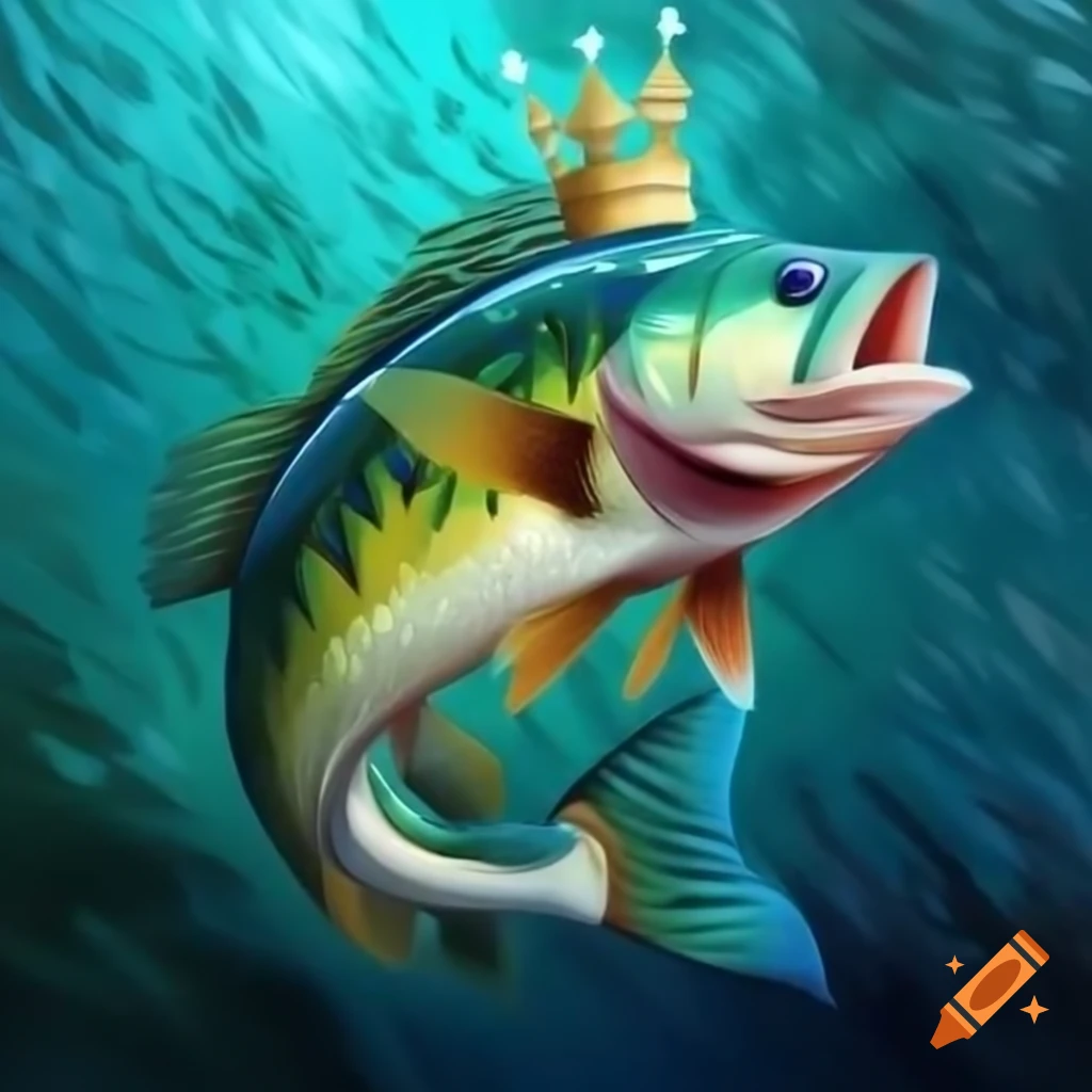 Peacock sea bass wearing a golden king's crown painting