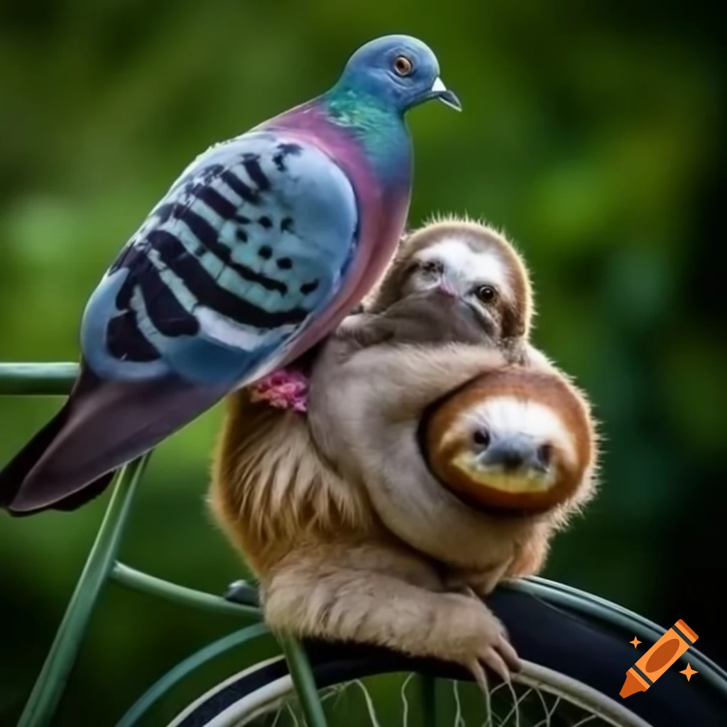 Pigeon and sloth riding a bike together