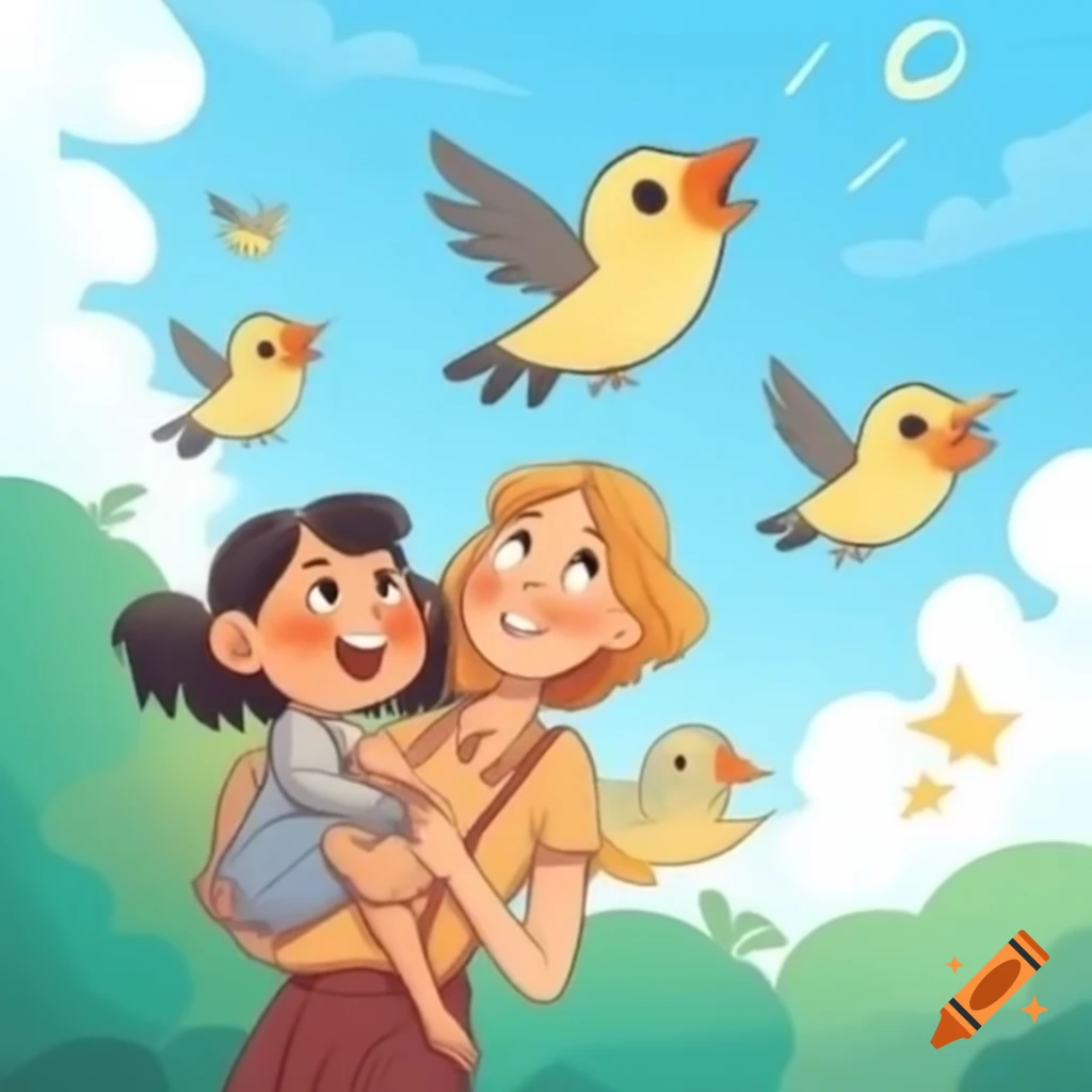 Family of birds flying in sunny sky