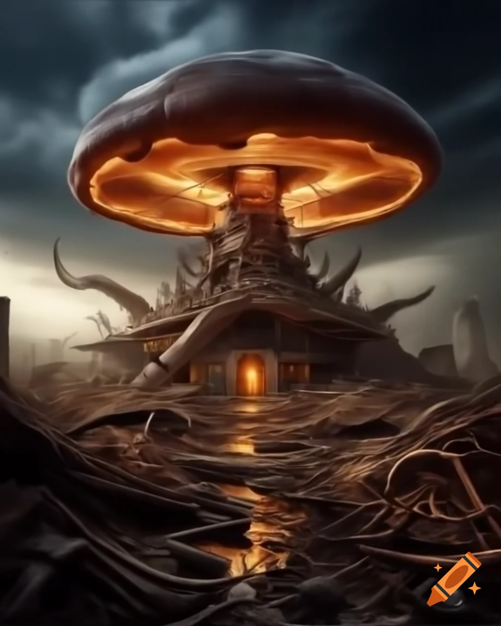 Fantasy post-apocalyptic mushroom house with tornado and wave in background