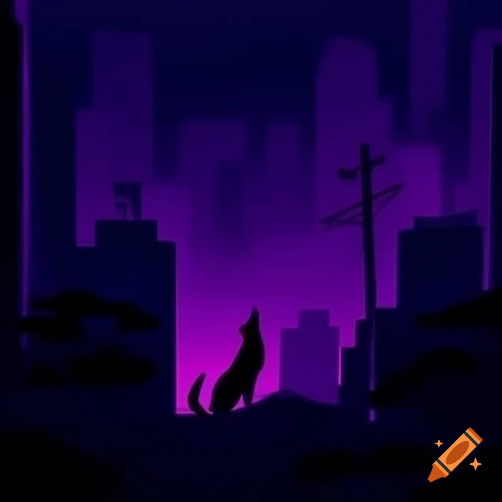 Silhouette of wolf against dark purple city landscape