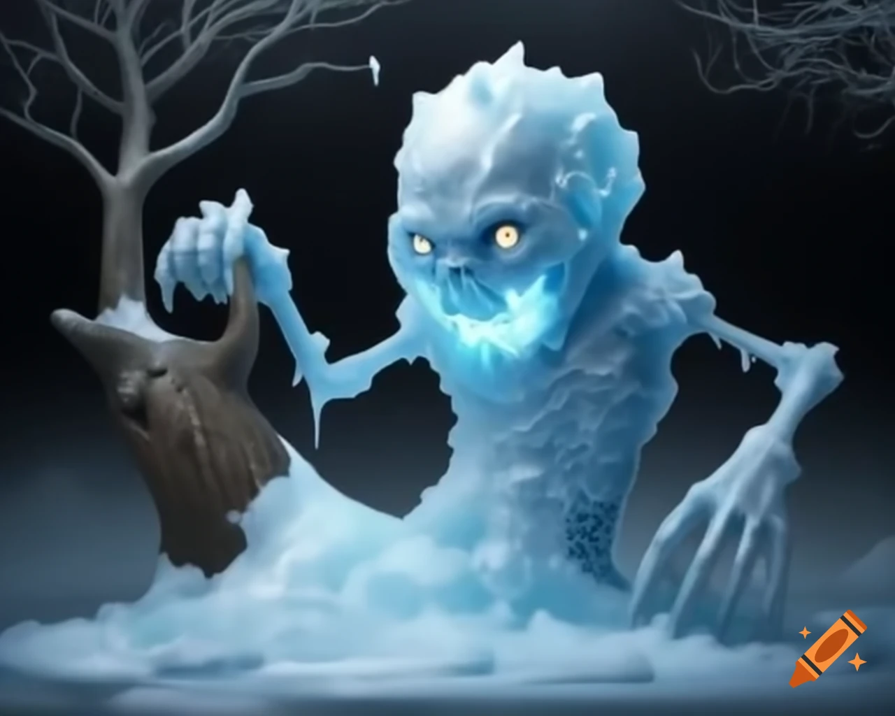 Hyper-realistic ice golem with sharp teeth eating a tree