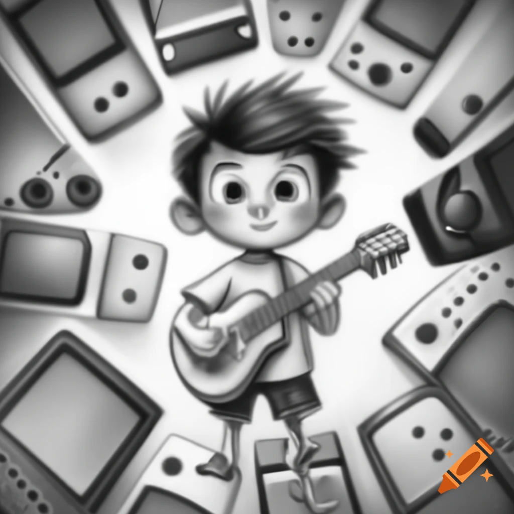 Pencil drawing of a boy surrounded by video games and musical instruments representing self-expression