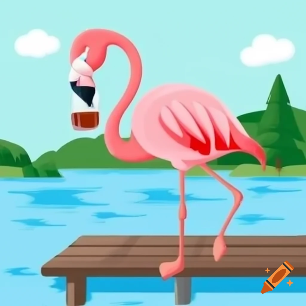 Flamingo enjoying a drink on a lakeside dock