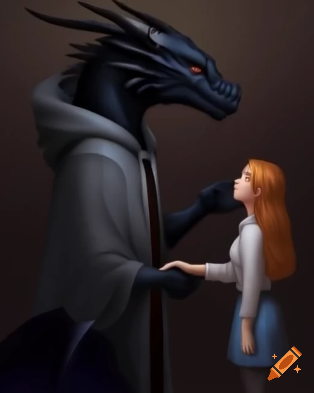 Anthropomorphic black dragon in gray cloak shaking hands with a woman