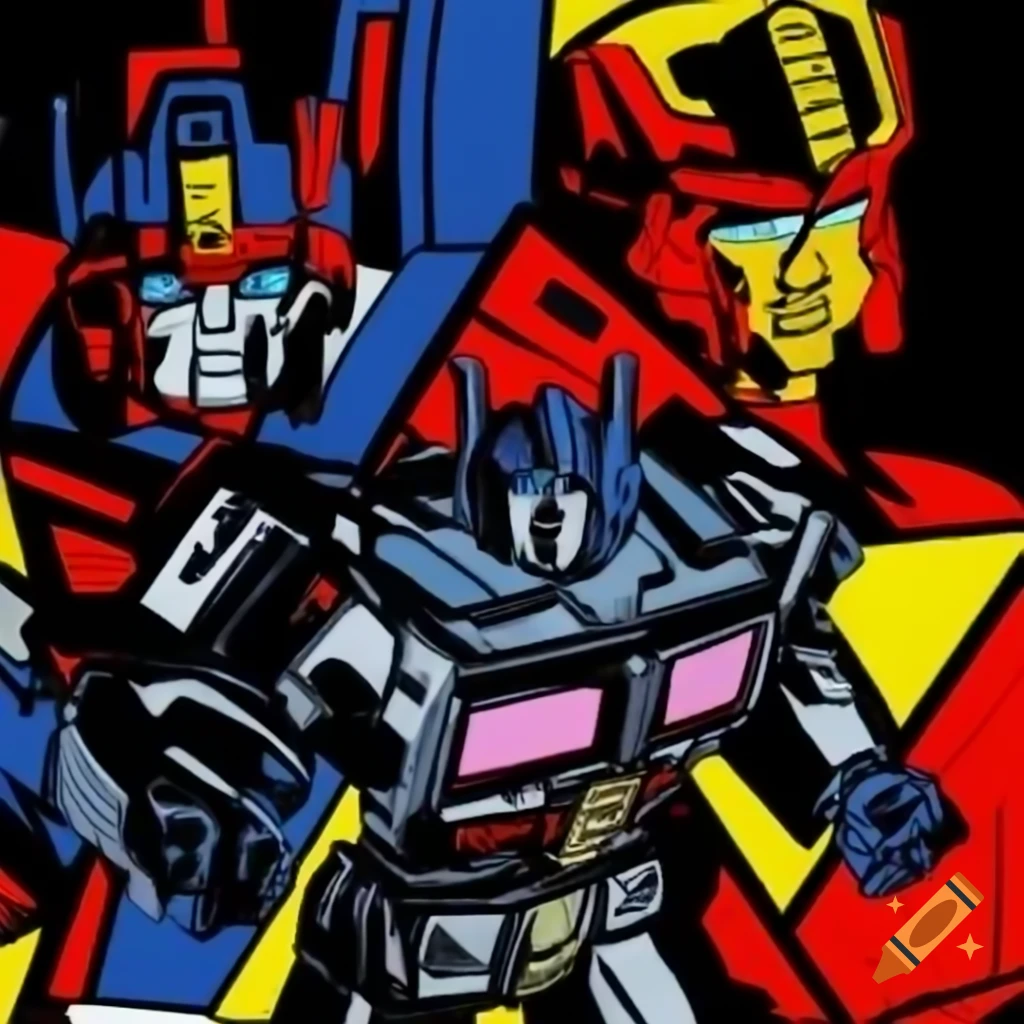 Vibrant pop art collage in Roy Lichtenstein style featuring Optimus Prime