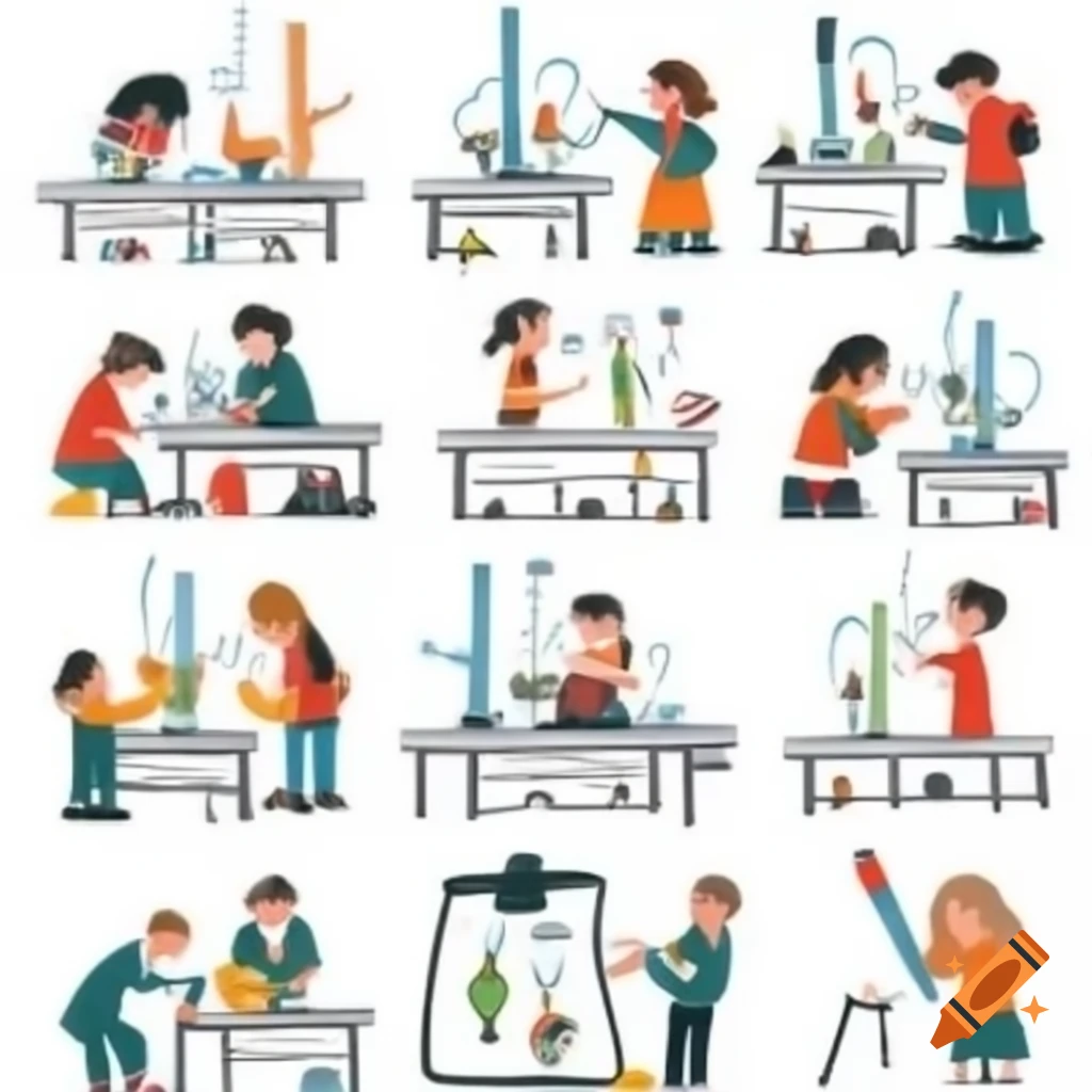 Cartoon of students conducting experiments on units and measurements