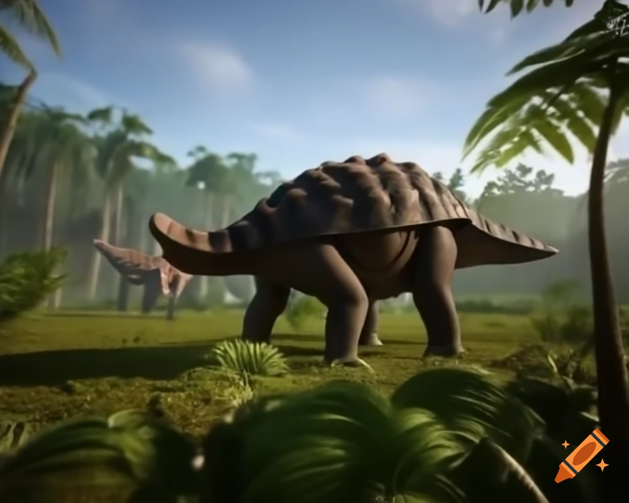 Ankylosaurus walking in prehistoric fern prairie with Diplodocus in background
