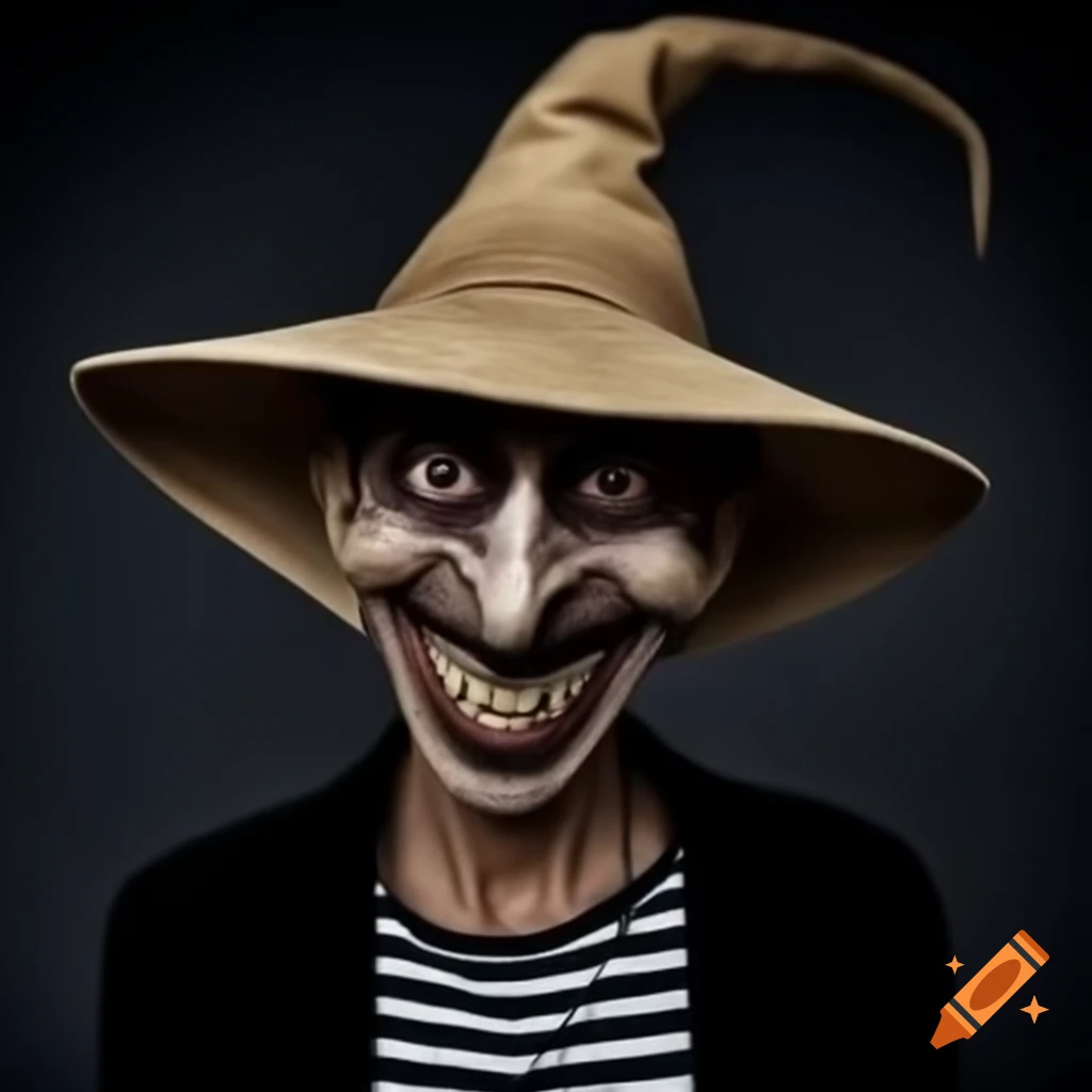 Mysterious figure with pointed nose, burnt face, and black attire, featuring a scary grin