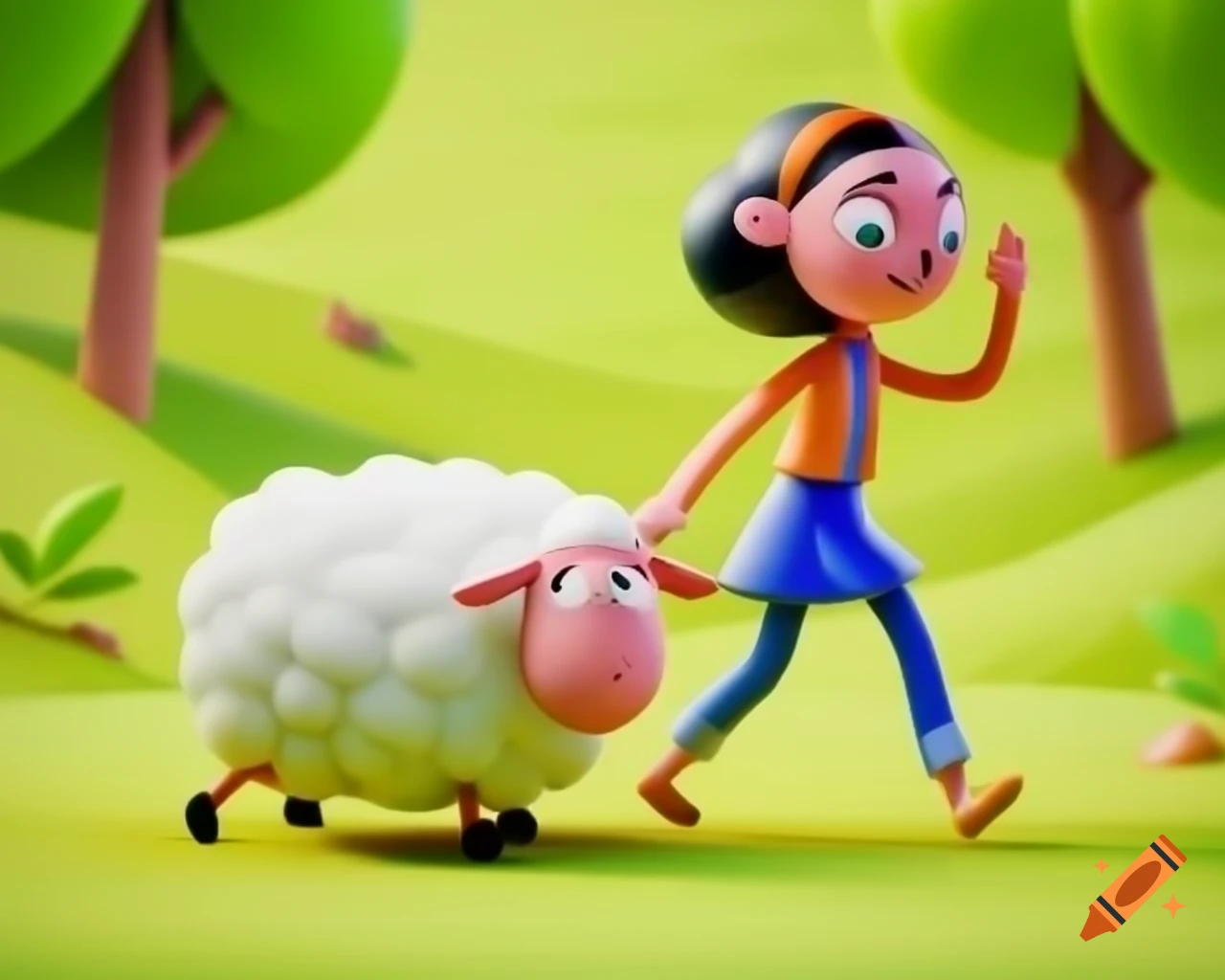 Woman walking her sheep in Disney Pixar 3D animation style