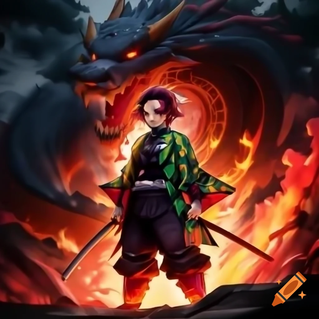 Tanjiro Kamado engaged in battle surrounded by flames, performing Hinokami Kagura