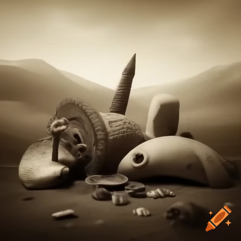 Surrealist sepia landscape with strange textured objects