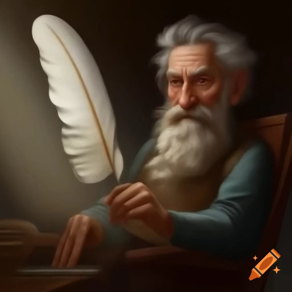 Man holding large writing quill