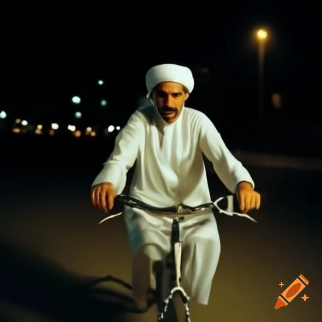 Muammar al-Qaddafi riding a bicycle at night