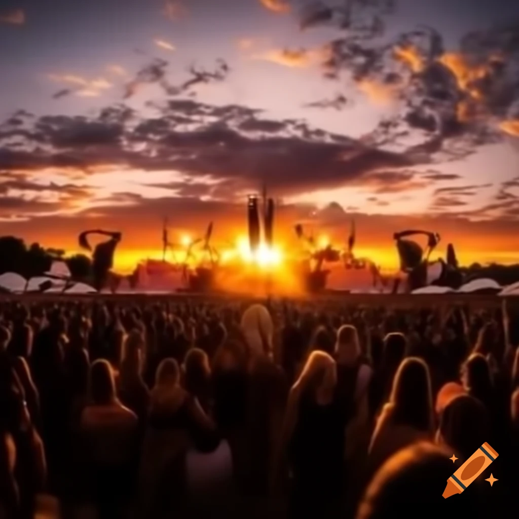Vibrant sunset at a trance music festival