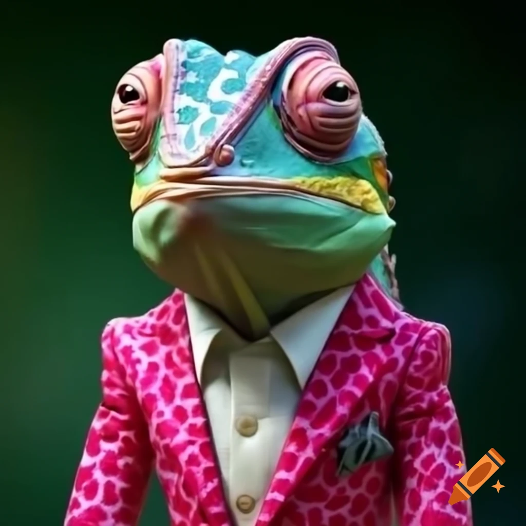 Chameleon wearing a pink leopard print suit