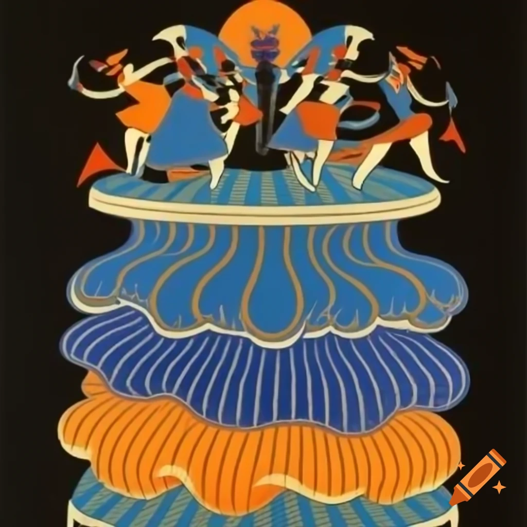 1910s storybook illustration of a demon dancing at royal celebration