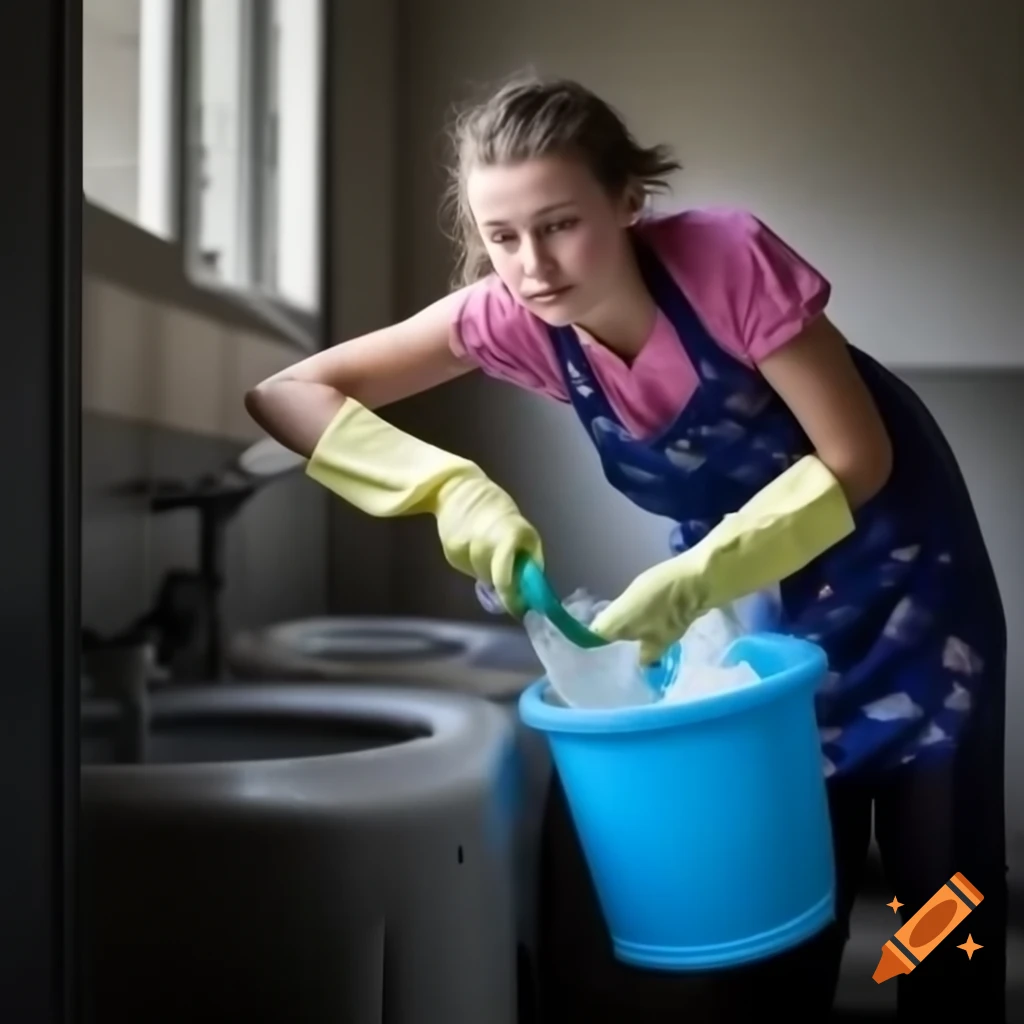 Caucasian cleaning lady collecting soapy water from washing machine in bathroom