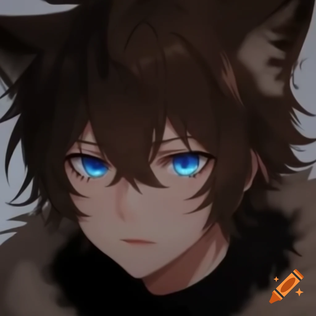 Anime wolf boy with green blueish eyes and brown fluffy ears and tail