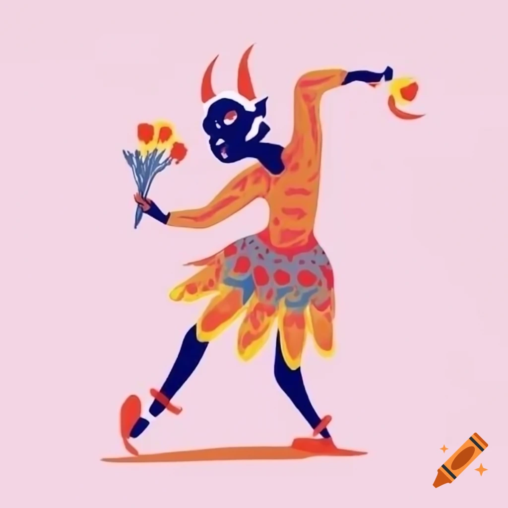 Orientalist Batik illustration of a formally dressed demon dancing at royal celebration