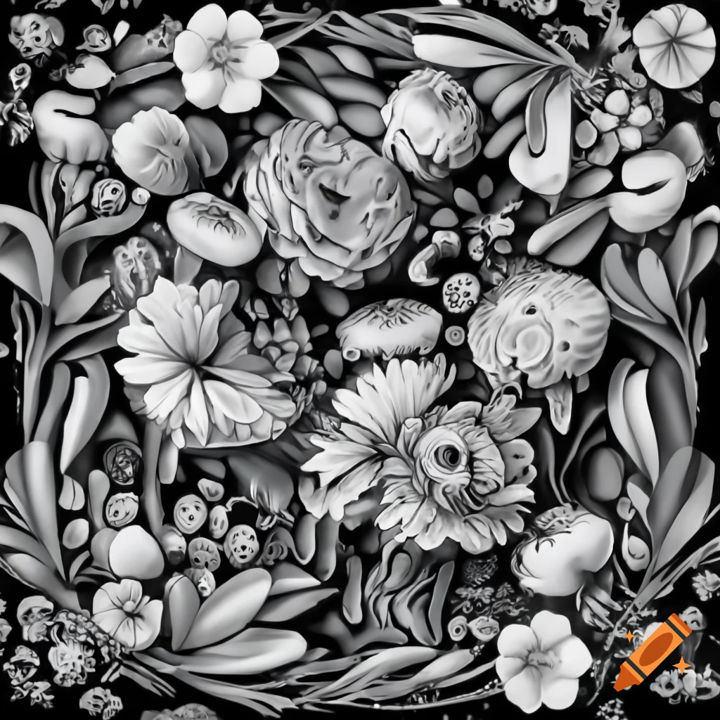Surreal mezzotint artwork featuring flowers in black and white steampunk style