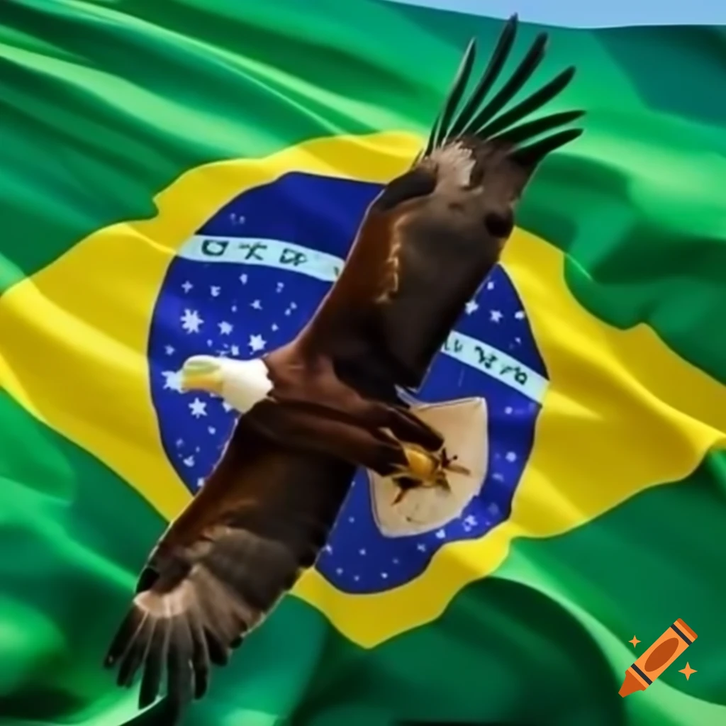 Uiraçú eagle flying over Brazilian flag
