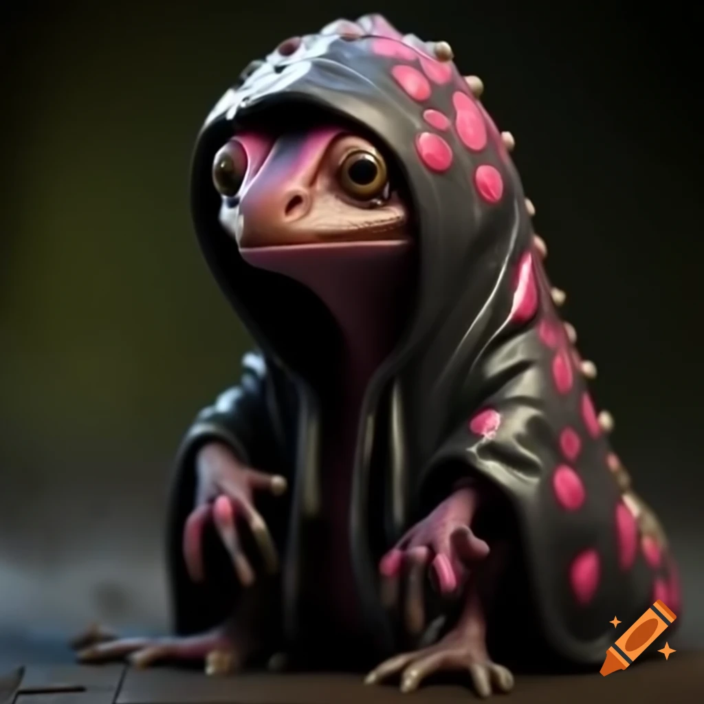 3D model of anthropomorphic salamander alien with glossy skin in black robe