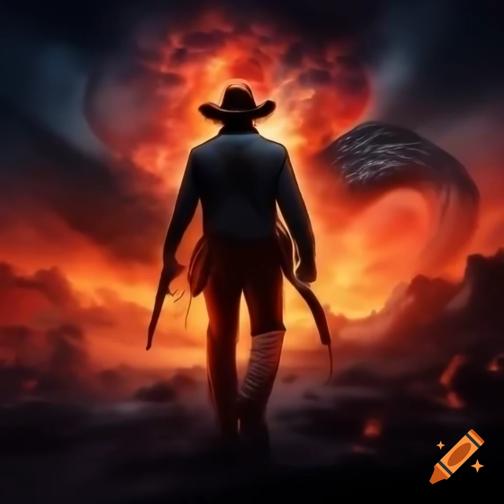 Man in cowboy hat holding rifle with electric guitar, volcano erupting in foreground