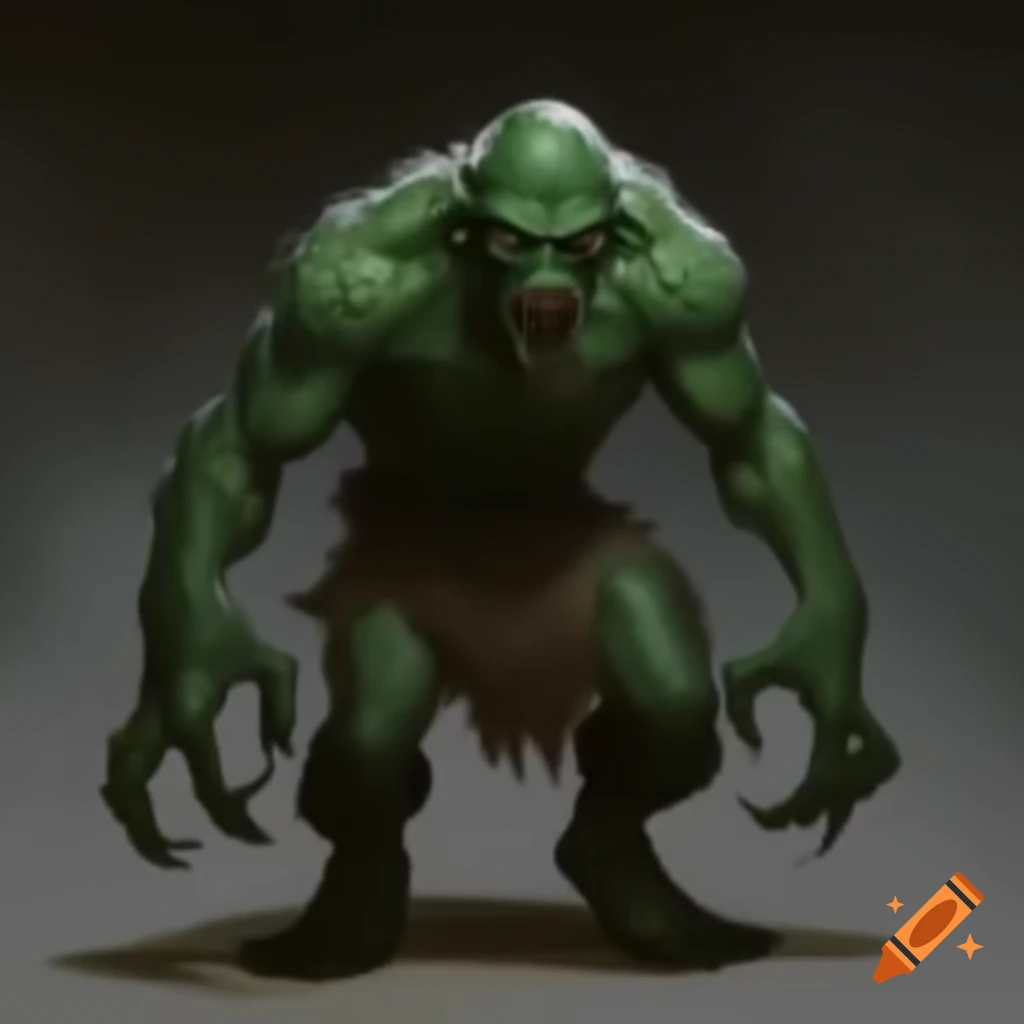 Hand-painted zombie monster from Dungeons and Dragons, dark green skin, medieval style, front view