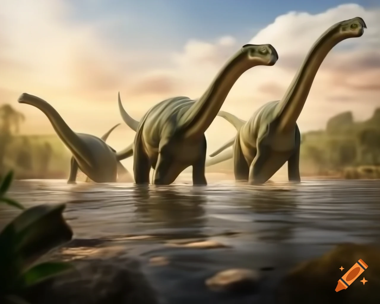 Striped Hadrosaurus dinosaurs near river bank in warm morning light, panoramic view, paleoart style