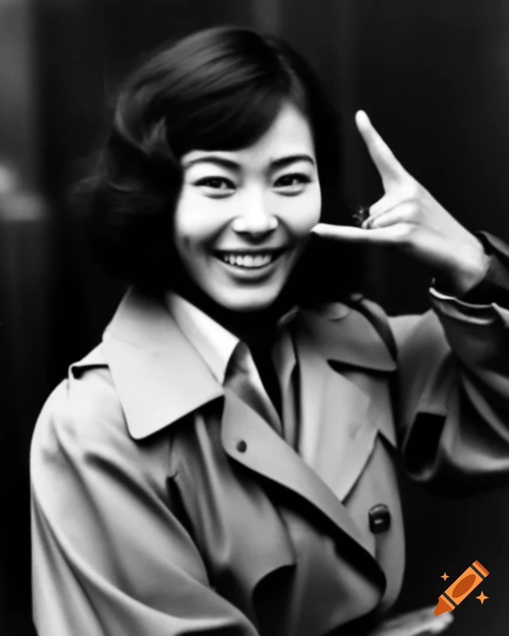 Paparazzi photo of smiling Japanese actress from 1960 movie giving peace sign in street