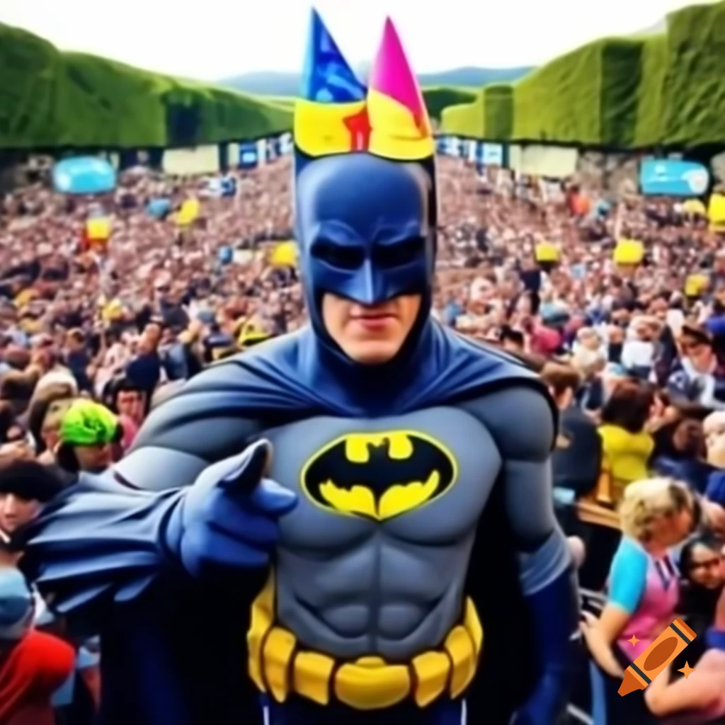 Batman in Tour de France with party hat, pointing and wishing happy birthday