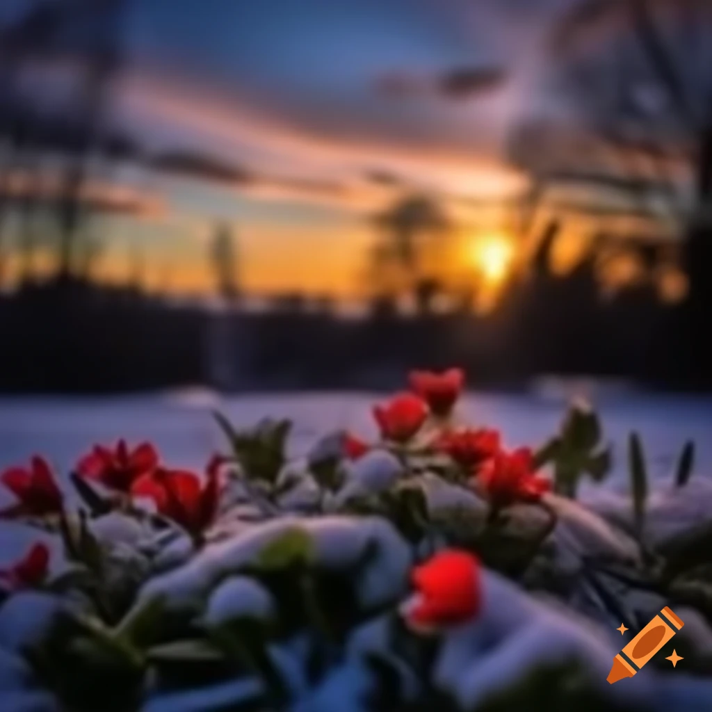Snowy forest at sunset with flowers and water