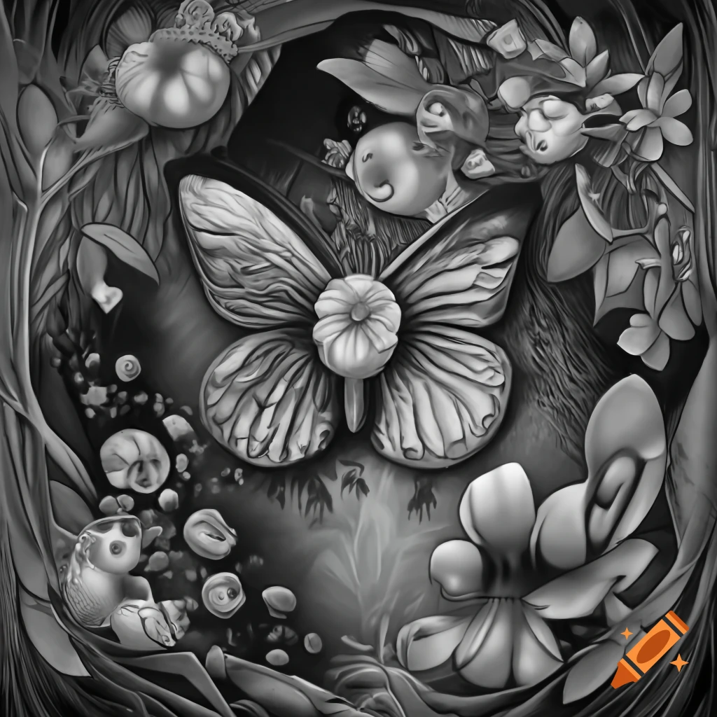 Surreal mezzotint in black and white featuring flowers, butterfly, and ribbon